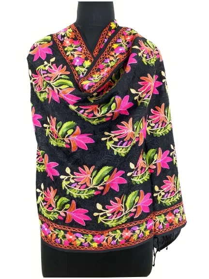 Hand Aari Work Pure Wool Scarf With Leaf Flower Embroidery