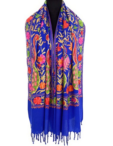 Exquisite Blue Hand Aari Work Pure Wool Scarf - Embellished with Peacock Paisley Embroidery - Handcrafted in India