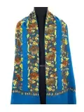 Artisanal Blue Hand Aari Work Pure Wool Scarf - Exquisite Wood Yellow Flower Stripe Embroidery - Handcrafted in India