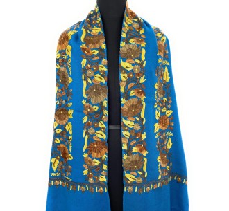 Artisanal Blue Hand Aari Work Pure Wool Scarf - Exquisite Wood Yellow Flower Stripe Embroidery - Handcrafted in India