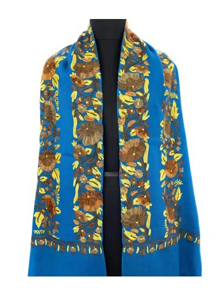 Artisanal Blue Hand Aari Work Pure Wool Scarf - Exquisite Wood Yellow Flower Stripe Embroidery - Handcrafted in India