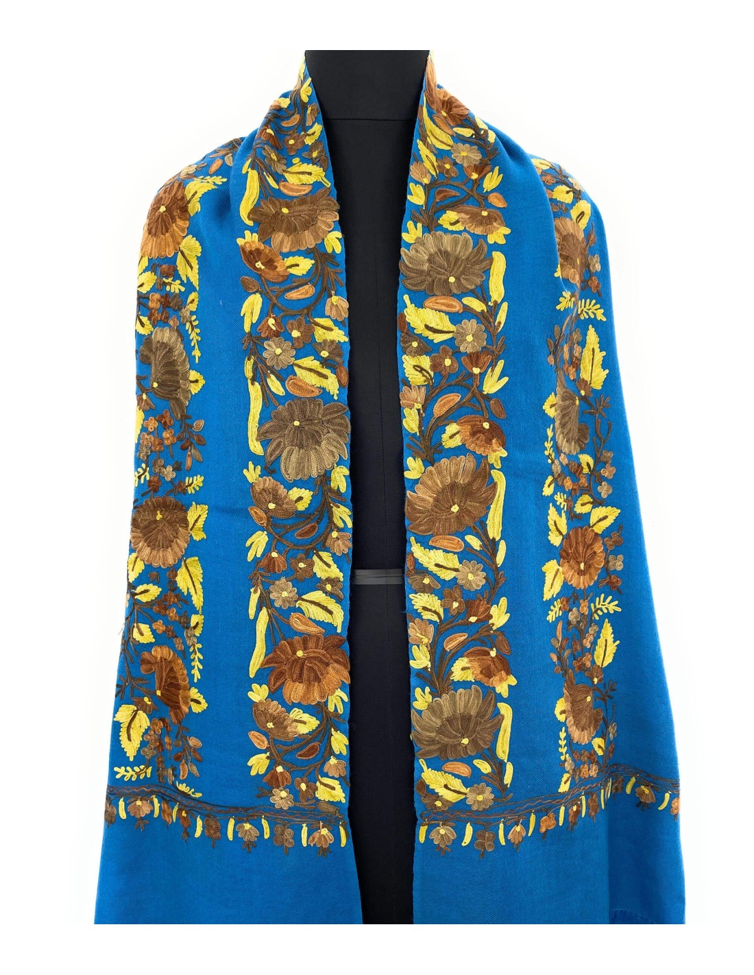 Artisanal Blue Hand Aari Work Pure Wool Scarf - Exquisite Wood Yellow Flower Stripe Embroidery - Handcrafted in India