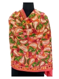 Artisanal Carrot Hand Aari Work Pure Wool Scarf - Exquisite Leaf Paisley Embroidery - Handcrafted in India