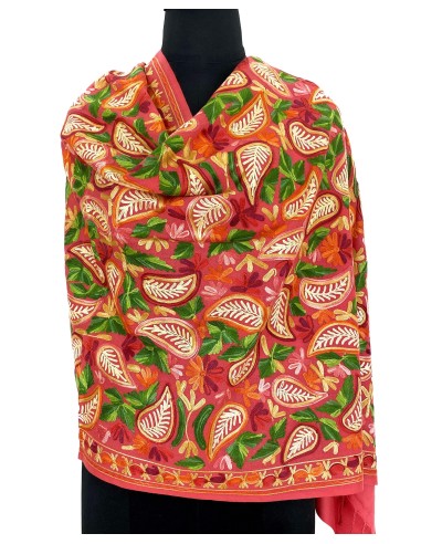 Artisanal Carrot Hand Aari Work Pure Wool Scarf - Exquisite Leaf Paisley Embroidery - Handcrafted in India