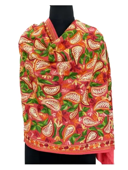 Artisanal Carrot Hand Aari Work Pure Wool Scarf - Exquisite Leaf Paisley Embroidery - Handcrafted in India
