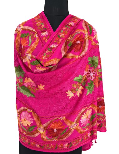 Artisanal Dark Pink Hand Aari Work Pure Wool Scarf - Exquisite Multi Flower Jaal Wool Embroidery - Handcrafted in India