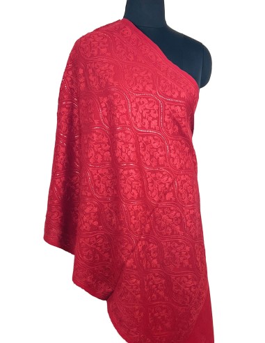 Hand Aari Work Pure Wool Scarf - Color Red - With Multi Flower Sequence Jaal Wool Embroidery