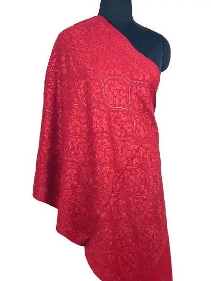 Hand Aari Work Pure Wool Scarf - Color Red - With Multi Flower Sequence Jaal Wool Embroidery