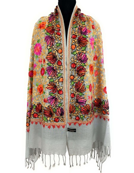 Floral Pattern Heavy Jama Stole - Exquisite Handmade Artistry - Color Grey