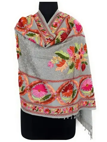 Flower Border Pattern Jama Stole - Color Grey