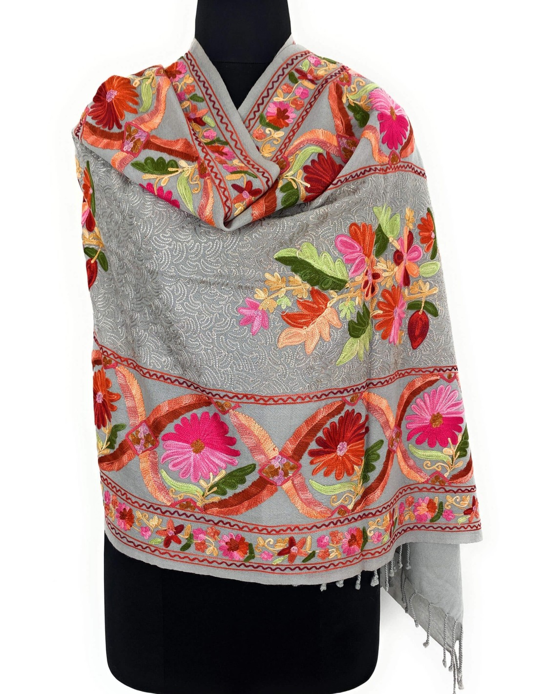 Flower Border Pattern Jama Stole - Color Grey