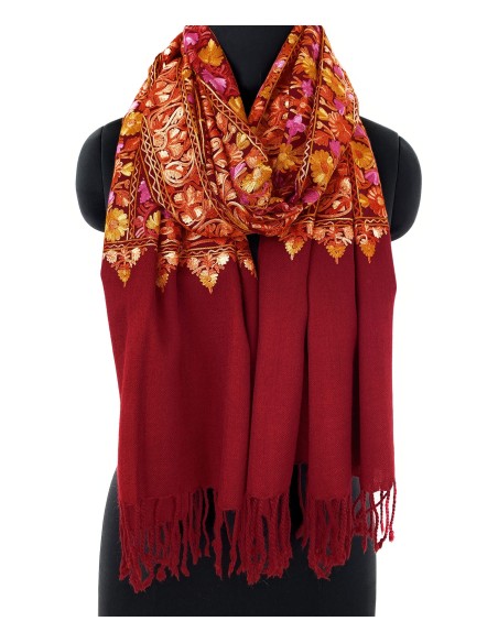 Handcrafted Flower Line Pattern Jama Stole - Exquisite Aari Embroidery - Color Maroon