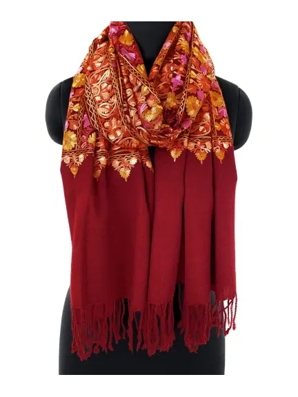 Handcrafted Flower Line Pattern Jama Stole - Exquisite Aari Embroidery - Color Maroon