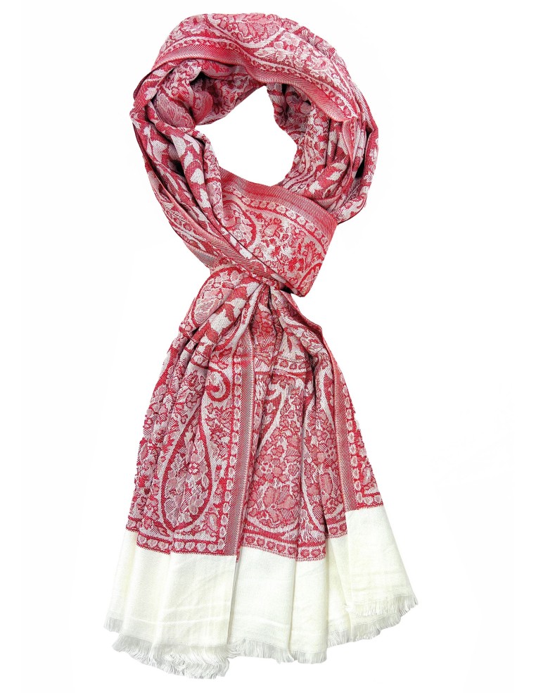 Dual Tone Reversible Self Jacquard 4 Side Paisley Border Stole for Women - Red White