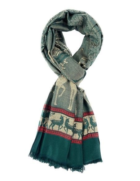 Dual Tone Reversible Self Jacquard Deer Pattern Scarf for Women - Green