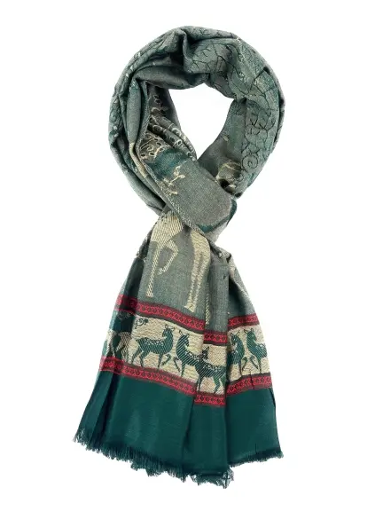 Dual Tone Reversible Self Jacquard Deer Pattern Scarf for Women - Green