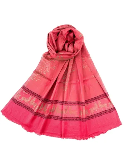 Dual Tone Reversible Self Jacquard Deer Pattern Scarf for Women - Hot Pink