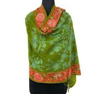 Stunning Green Self Embroidery Wool Scarf/Stole - Handcrafted Elegance from India