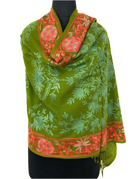 Stunning Green Self Embroidery Wool Scarf/Stole - Handcrafted Elegance from India