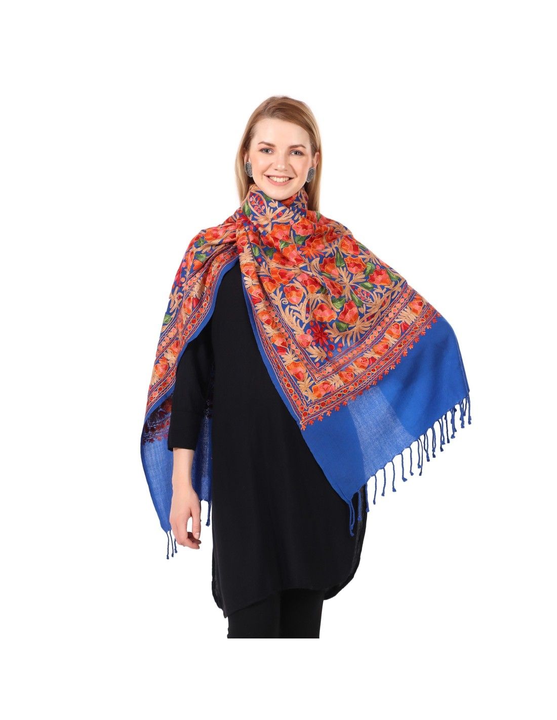 Hand Aari Work Pure Wool Scarf - Blue with Leaf Flower Embroidery - Crafted with Love in India