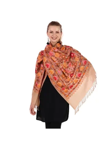 Aari Work Multicolor Flower & Leaves Wool Scarf - Light Brown