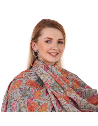 Handcrafted Kalamkari Wool Shawl - Light Grey with Red-Orange-Pink-Cyan Paisley Print