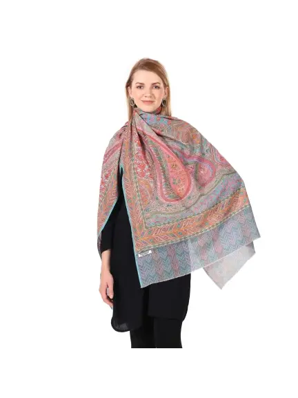 Handcrafted Kalamkari Wool Shawl - Brown/Cyan with Elongated Leaves Print