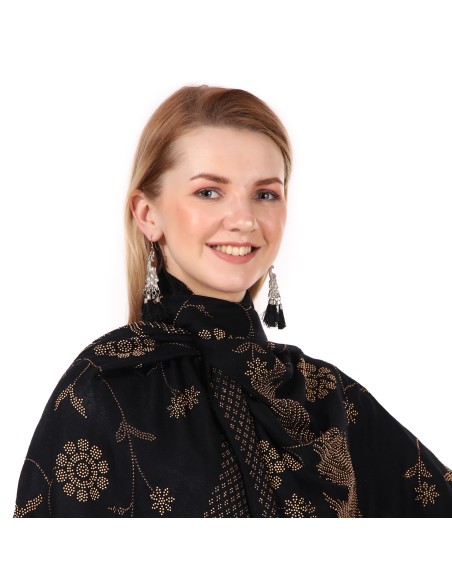 Handcrafted Swarovski Crystal Embroidered Merino Wool Stole - Black