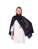 Artisanal Swarovski Crystal Work Merino Wool Stole - Navy Blue