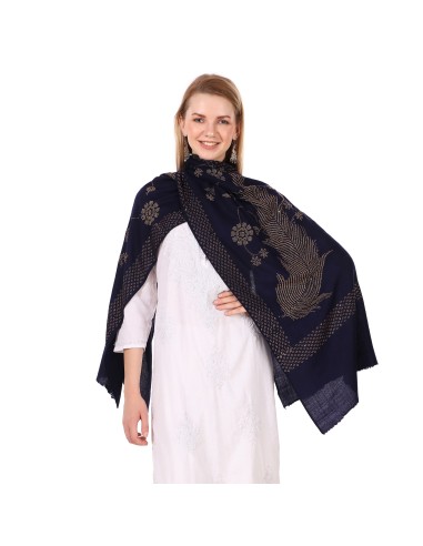 Artisanal Swarovski Crystal Work Merino Wool Stole - Navy Blue