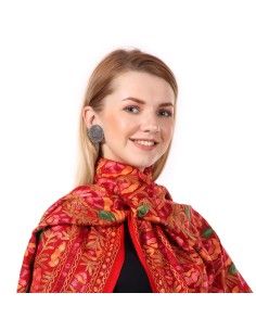 Handcrafted Aari Work Multicolor Flower & Leaves Wool Scarf - Red