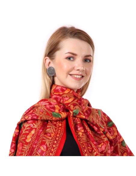 Handcrafted Aari Work Multicolor Flower & Leaves Wool Scarf - Red