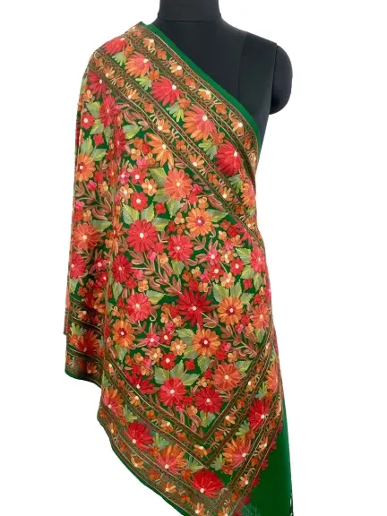 Boho Style Kashmiri Aari Embroidery Crochet Multi Flower Fine Wool Stole - Handcrafted Elegance from India