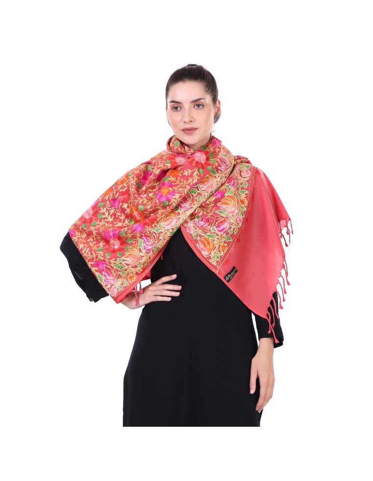 Cherry Blush Aari Embroidery Stole - Handcrafted in India