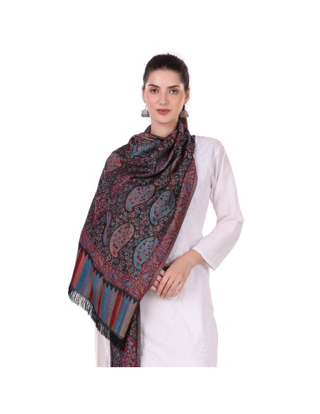 Black-Blue-Maroon Jacquard Paisley Jamavar Modal Stole - Reversible