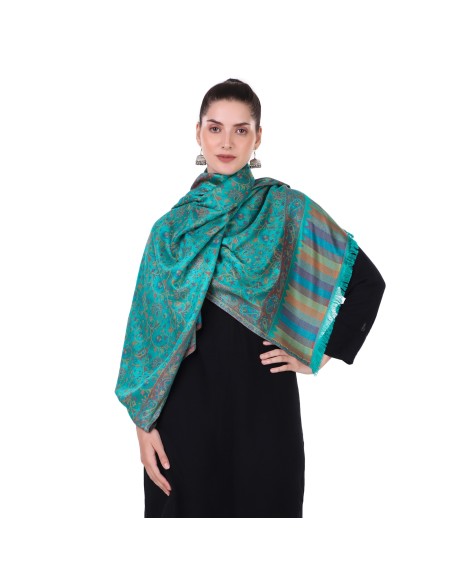 Aqua Teal Jacquard All Over Reversible Modal Silk Stole