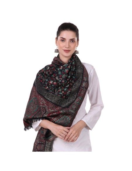 Kani Work Wool Zari Stole/Scarf - Midnight Black with Jacquard Floral Design