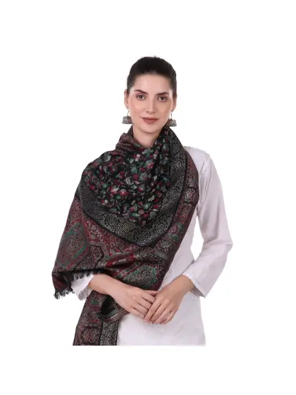 Kani Work Wool Zari Stole/Scarf - Midnight Black with Jacquard Floral Design