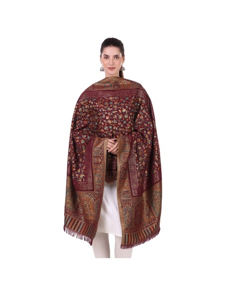 Kani Work Wool Zari Stole/Scarf - Enchanting Mulberry Jacquard Design