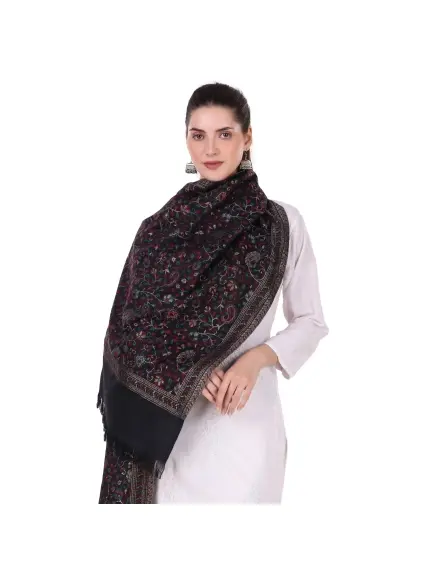 Kani Work Wool Zari Stole/Scarf - Charcoal/Grey Jacquard Design