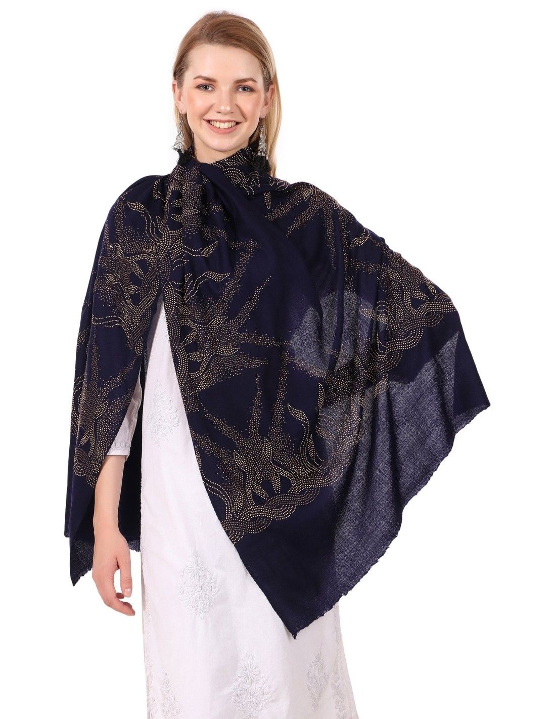 Handcrafted Swarovski Crystal Merino Wool Stole - Navy Blue