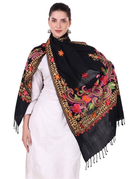 Elegant Charcoal Black Aari Embroidery Stole | Made in India