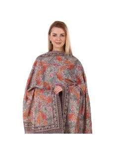 Handcrafted Kalamkari Wool Shawl - Light Grey with Red-Orange-Pink-Cyan Paisley Print