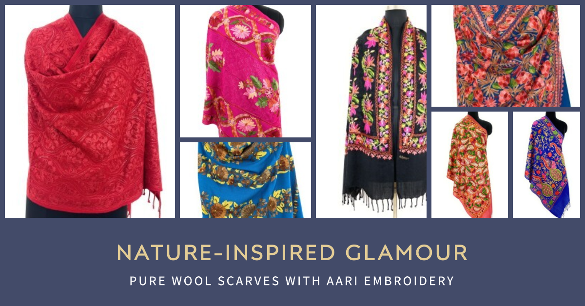 Nature-Inspired Glamour: Pure Wool Scarves with Aari Embroidery